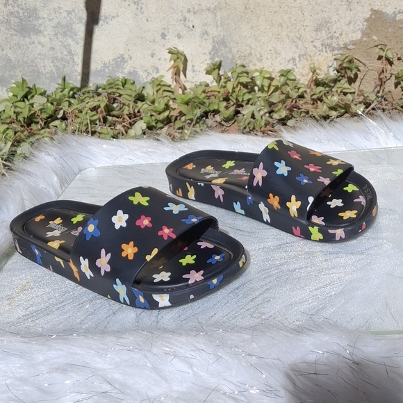Melissa x Larroude Black Multicolored Floral Motif Rubber Slip-On Slides Size 7 - Picture 12 of 16